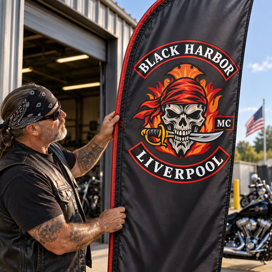 Custom Club Logo: custom motorcycle club feather flag shown in club officer inspecting a finished flag beside a garage doorway.