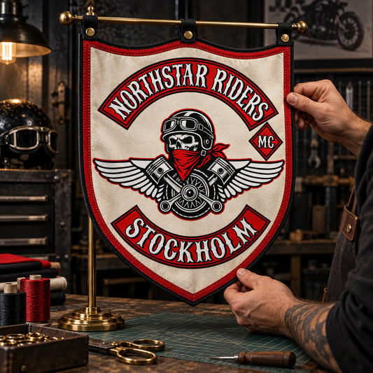 Custom shield-shaped motorcycle club exchange flag hanging in an industrial workshop.