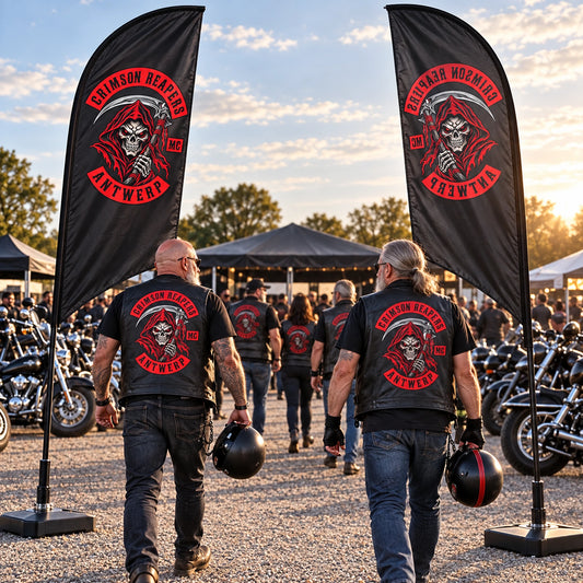 Double-Sided Feather Flags: custom motorcycle club feather flag shown in busy outdoor custom bike show with riders approaching from both directions.