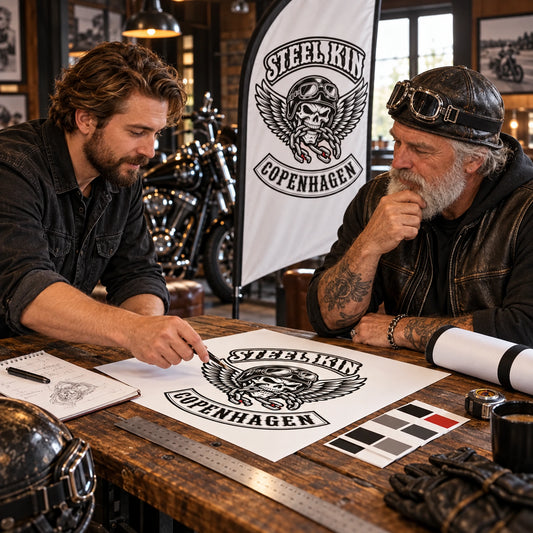 Free Design Support: custom motorcycle club feather flag shown in designer and grey-bearded rider reviewing artwork at a clubhouse worktable.