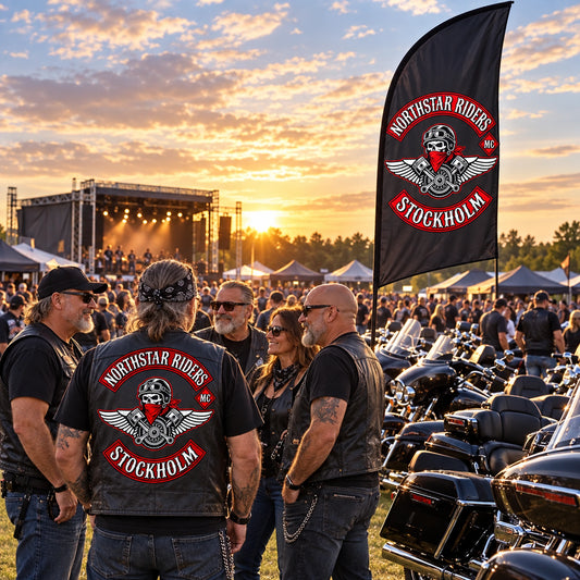 Large Event Feather Flags: custom motorcycle club feather flag shown in large motorcycle festival field with a mature club crew and rows of touring V-twins.