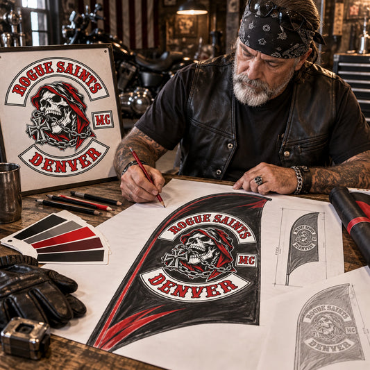 Custom Artwork Design: custom motorcycle club feather flag shown in designer and mature rider working at an industrial studio table.
