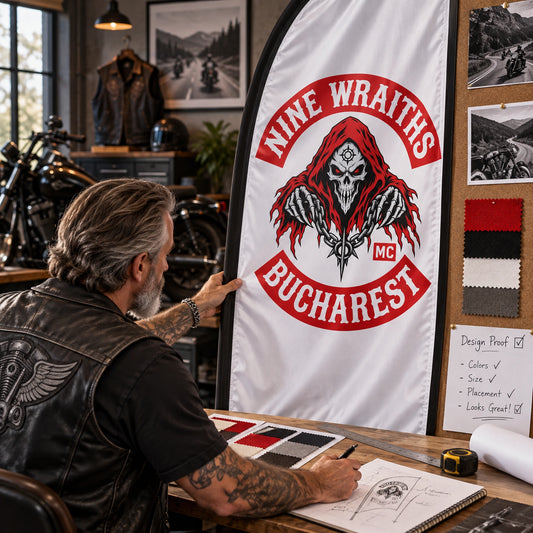 Free Design Support: custom motorcycle club feather flag shown in designer scaling the authorized emblem on a printed full-height layout.