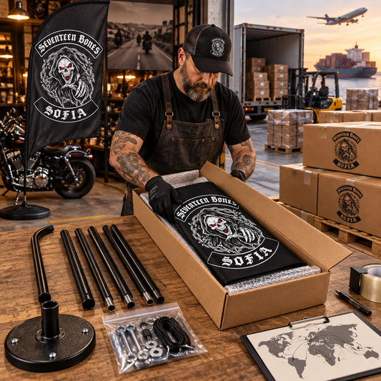 Production & Worldwide Shipping: custom motorcycle club feather flag shown in shipping worker packing a finished flag and segmented pole into a long protective carton.