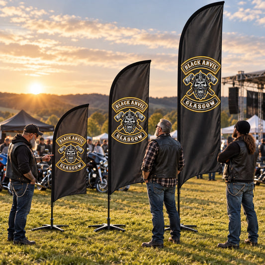Custom Size Options: custom motorcycle club feather flag shown in event crew setting up a chapter gathering on an open rally field.