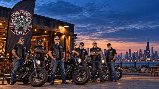 Your Club Identity Deserves To Be Seen: custom motorcycle club feather flag shown in six mature chapter members standing proudly outside a roadside clubhouse at blue hour beside unbranded American V-twin motorcycles.