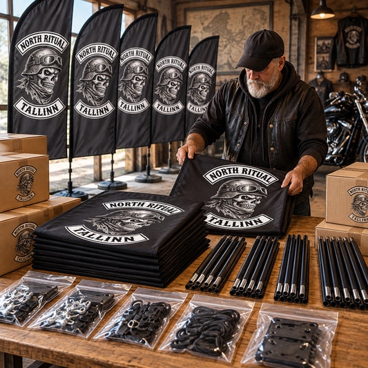 Professional Production Quality: custom motorcycle club feather flag shown in quality inspector under bright neutral production lighting.