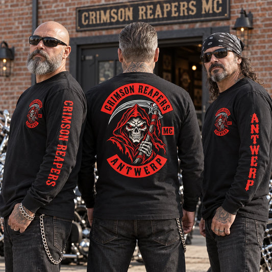 Motorcycle club members wearing coordinated long-sleeve uniforms with a full back emblem and authentic vertical sleeve lettering.