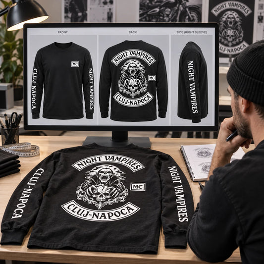 Designer reviewing motorcycle club long-sleeve shirt mockups with separate back emblem and vertical sleeve lettering.