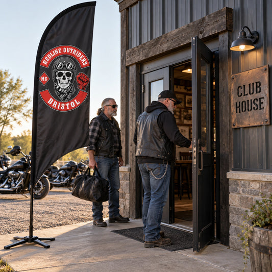 Standard Feather Flags: custom motorcycle club feather flag shown in two mature riders opening a clubhouse before a chapter meeting.