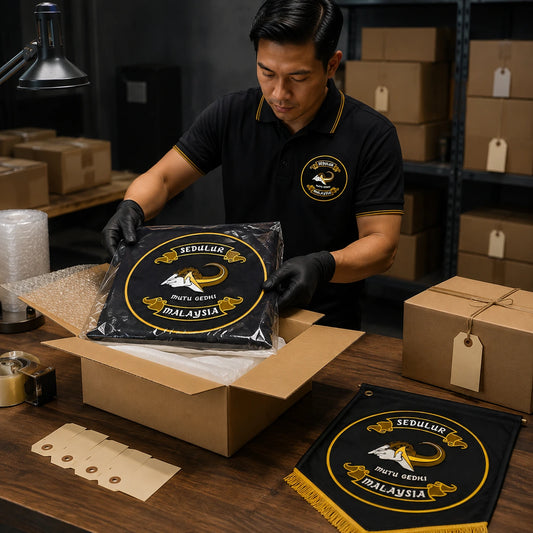 A shipping specialist packs a protected custom diamond motorcycle club flag for international delivery.