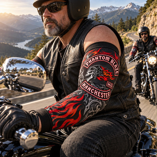Close-fit compression motorcycle club arm sleeve worn for active riding