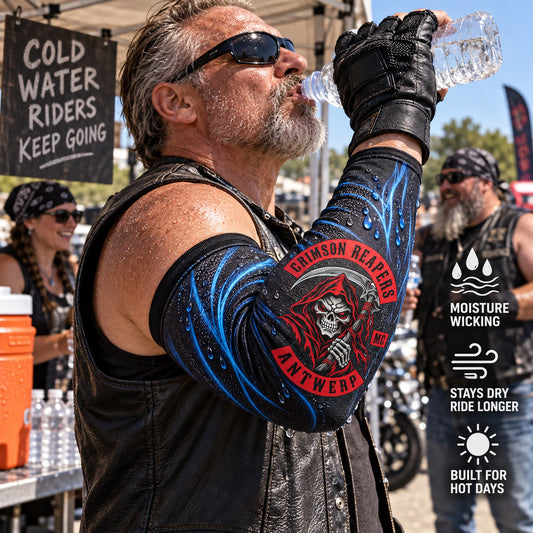 Moisture-wicking motorcycle club arm sleeve during warm-weather riding