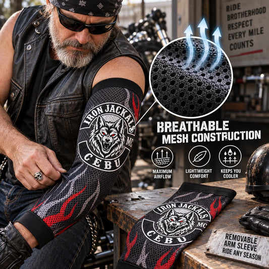 Breathable mesh construction detail on a removable motorcycle club arm sleeve