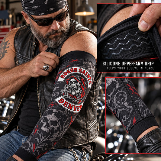Silicone upper-arm grip detail inside a removable motorcycle club sleeve