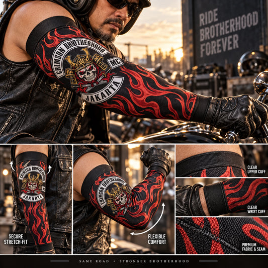 Secure stretch-fit motorcycle club arm sleeve with clear upper and wrist cuffs