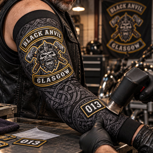 Heat-transfer application on a custom motorcycle club arm sleeve