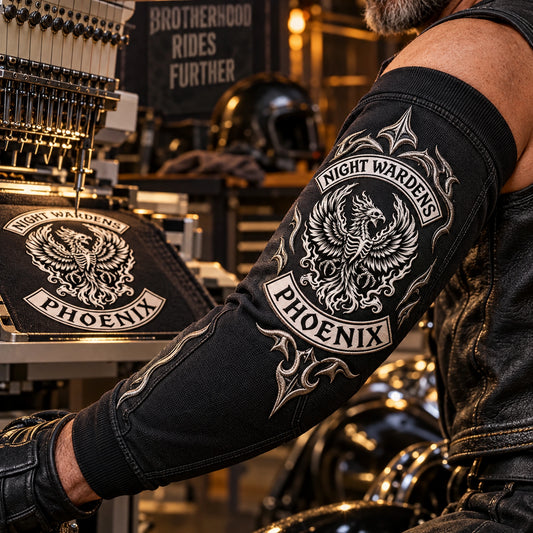 Raised embroidered club emblem on a removable motorcycle club arm sleeve