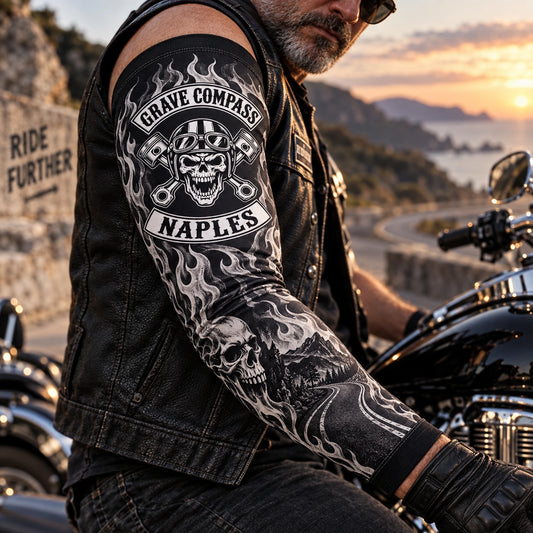 Full-coverage motorcycle club arm sleeve artwork from upper cuff to wrist cuff