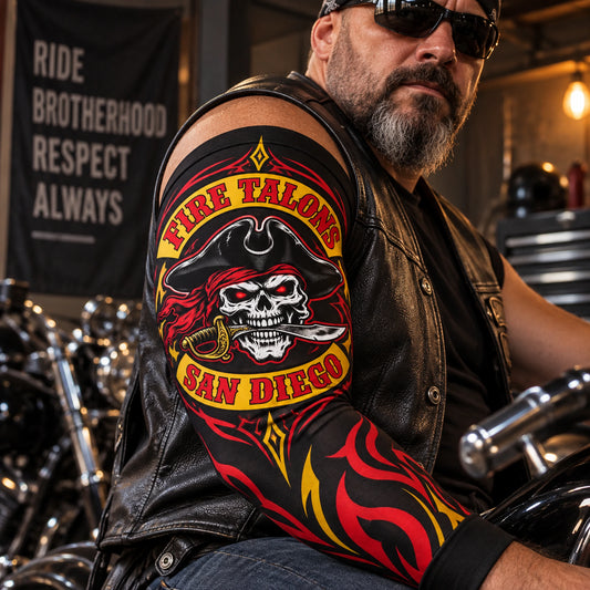 Large motorcycle club emblem centered on a removable full-coverage arm sleeve
