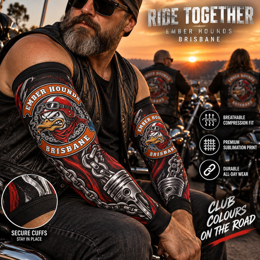 Motorcycle club arm sleeves coordinated in black red and aged-silver club colors