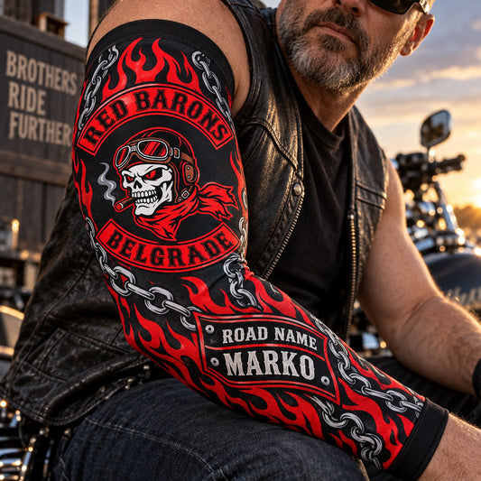 Custom road-name panel integrated into a full-coverage club arm sleeve