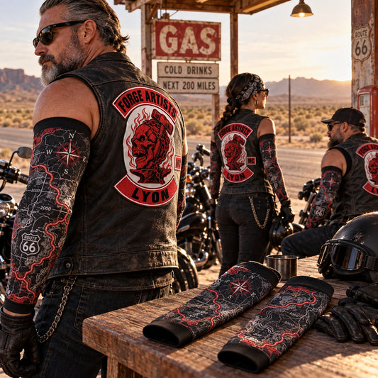 Club riders wearing full-coverage arm sleeves at a desert highway stop