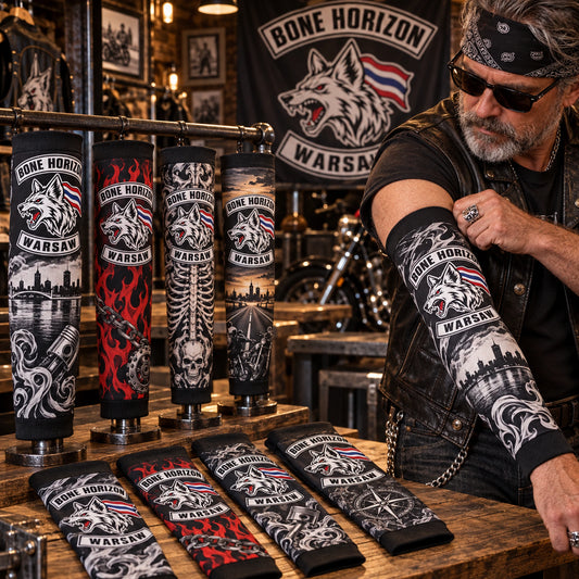 Standalone motorcycle club arm sleeves displayed as club merchandise