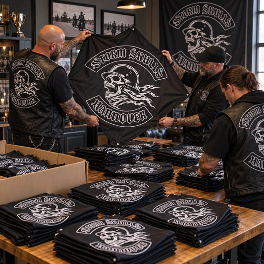 A chapter quartermaster organizes a bulk order of matching custom diamond flags for motorcycle club members.