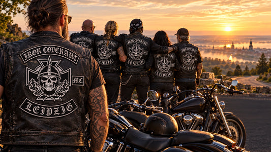 Motorcycle club coordinated anniversary patches celebrating brotherhood featuring the authorized Iron Covenant Leipzig identity in a sunrise after a milestone group ride.