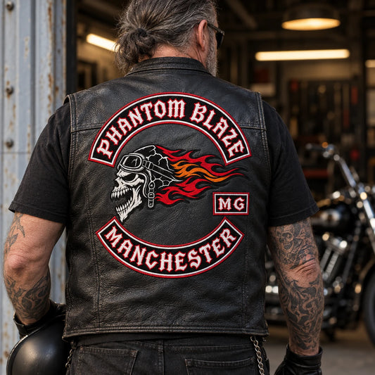 Large custom motorcycle club center back patch on a leather vest.