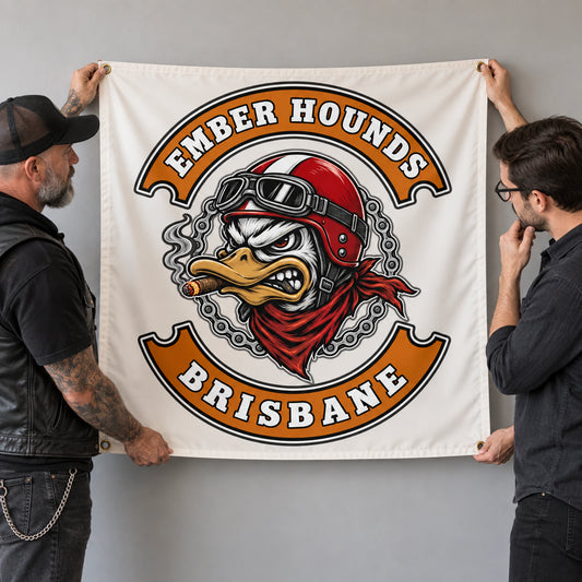 Motorcycle club representative reviewing and approving a full-size custom flag proof.