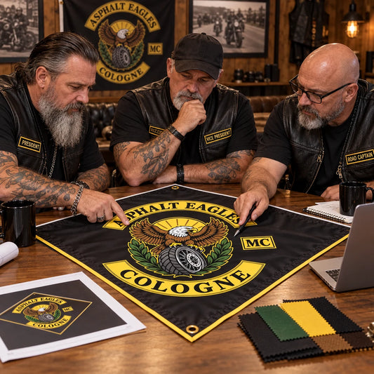 Three motorcycle club chapter officers review a full-color custom diamond flag proof before approving production.