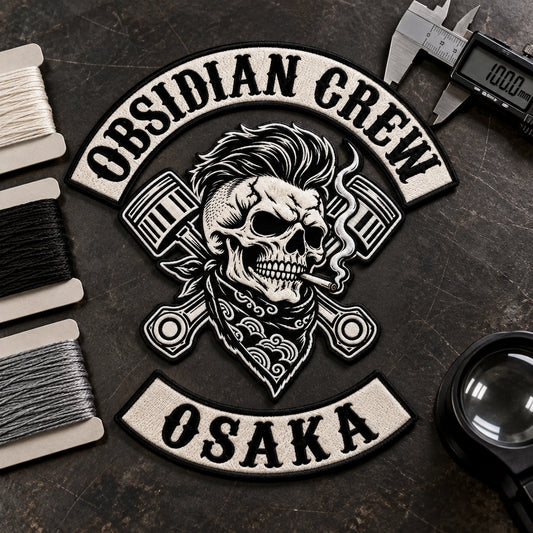 Motorcycle club chapter anniversary patch with location identity featuring the authorized Obsidian Crew Osaka identity in a inspection table with location rocker and thread cards.