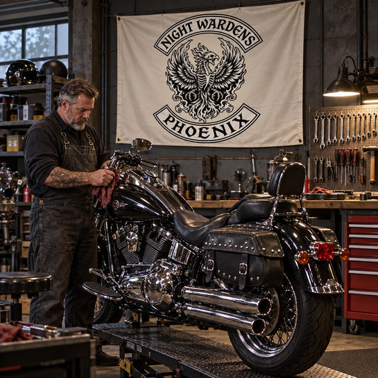 Custom motorcycle club exchange flag displayed above a working motorcycle garage bench.