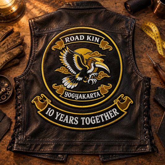 Motorcycle club curved anniversary rocker patch featuring the authorized Road Kin Yogyakarta identity in a leather vest layout with existing center patch.