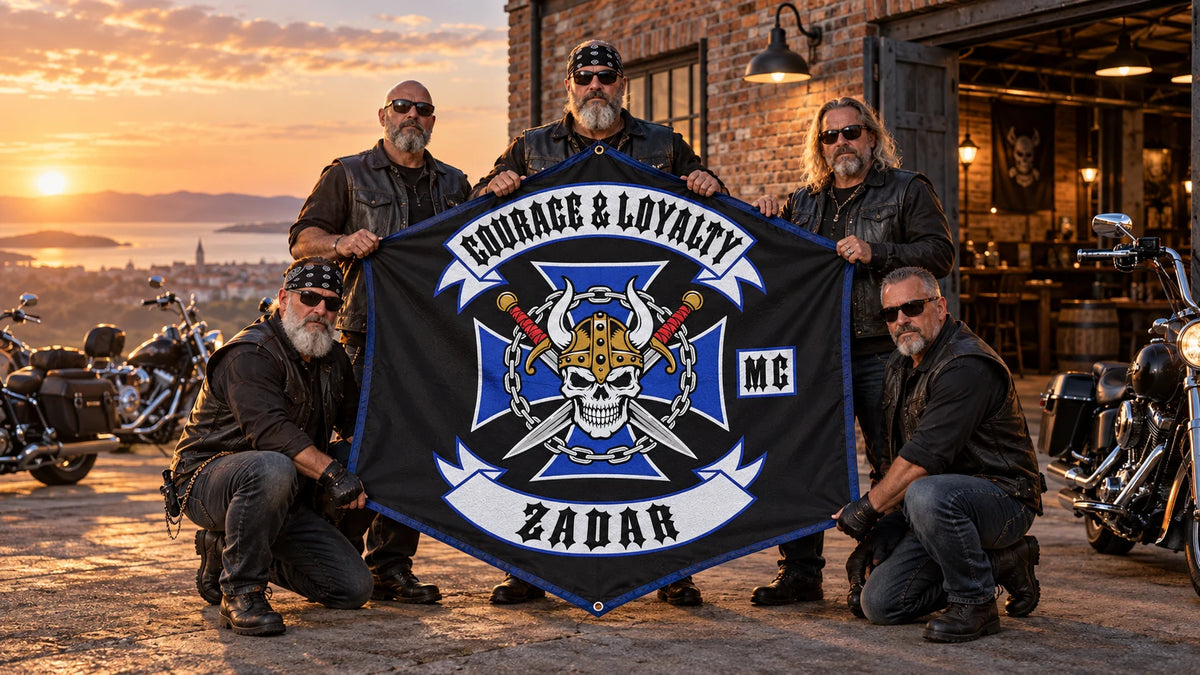 Mature motorcycle club riders arrive at a brick clubhouse with a custom diamond flag beside American V-twin motorcycles.
