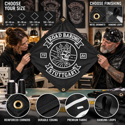 A flag maker and motorcycle rider inspect reinforced edging and hanging loops on a custom diamond club flag.