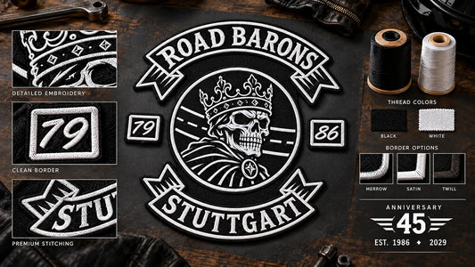 Motorcycle club fully customized anniversary patch proof featuring the authorized Road Barons Stuttgart identity in a design table showing logo years chapter border and thread swatches.