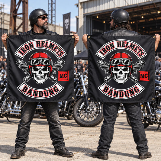 Two riders demonstrating both sides of a custom double-sided motorcycle club flag.