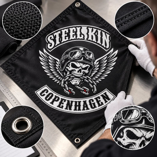 A quality inspector examines dense fabric, clean stitching and crisp emblem edges on a custom diamond club flag.