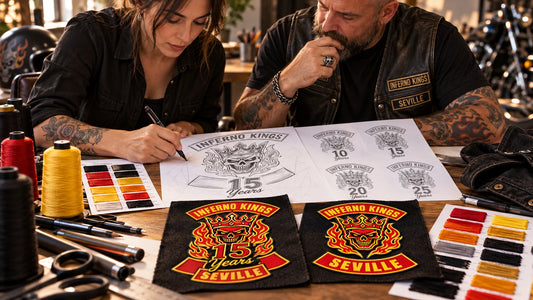 Motorcycle club free anniversary patch design support featuring the authorized Inferno Kings Seville identity in a designer and club officer building an anniversary concept.