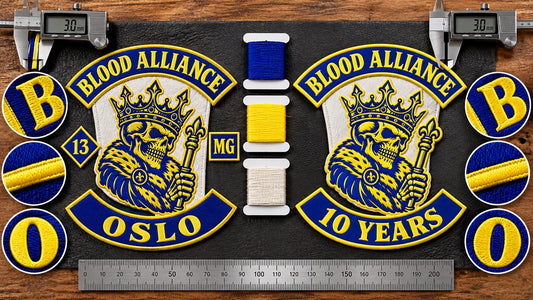 Motorcycle club anniversary patch matched to existing club colors featuring the authorized Blood Alliance Oslo identity in a side-by-side original patch and new rocker with calipers and color cards.