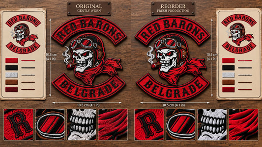 Motorcycle club matching anniversary patch reorder featuring the authorized Red Barons Belgrade identity in a quality-control table comparing worn original and new reorder.