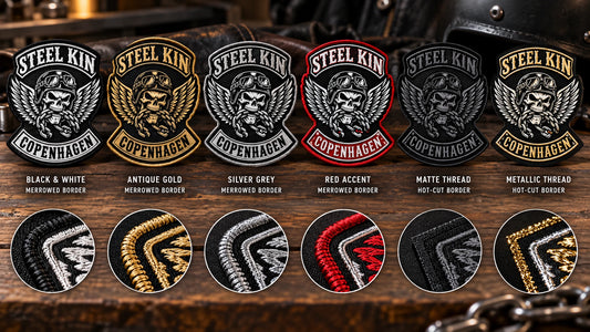 Motorcycle club anniversary patch color and border finish samples featuring the authorized Steel Kin Copenhagen identity in a finish sample table with several coordinated palettes.