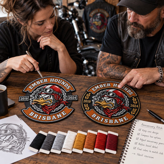 Motorcycle club free design support service featuring the authorized Ember Hounds Brisbane identity in a professional review of two design options.