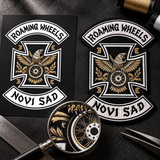 Motorcycle club custom club logo reproduction support featuring the authorized Roaming Wheels Novi Sad identity in a original authorized artwork beside faithful embroidery.