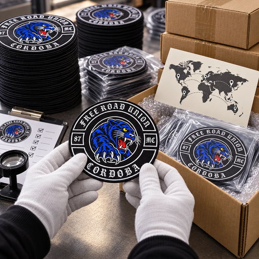 Motorcycle club order step four production and shipping featuring the authorized Free Road Union Cordoba identity in a production inspection and protected shipping area.