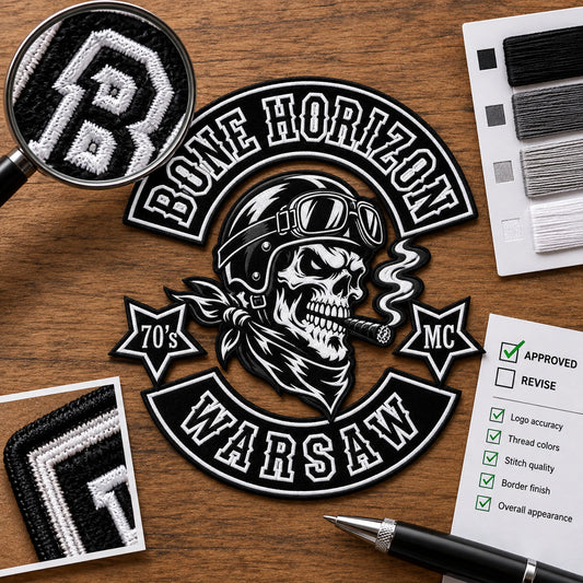 Motorcycle club anniversary patch sample support featuring the authorized River Jackals Hanoi identity in a pre-production sample inspection under magnifier.