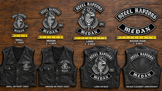 Motorcycle club small medium large and rocker anniversary patches featuring the authorized Steel Raptors Medan identity in a overhead leather vest placement layout.